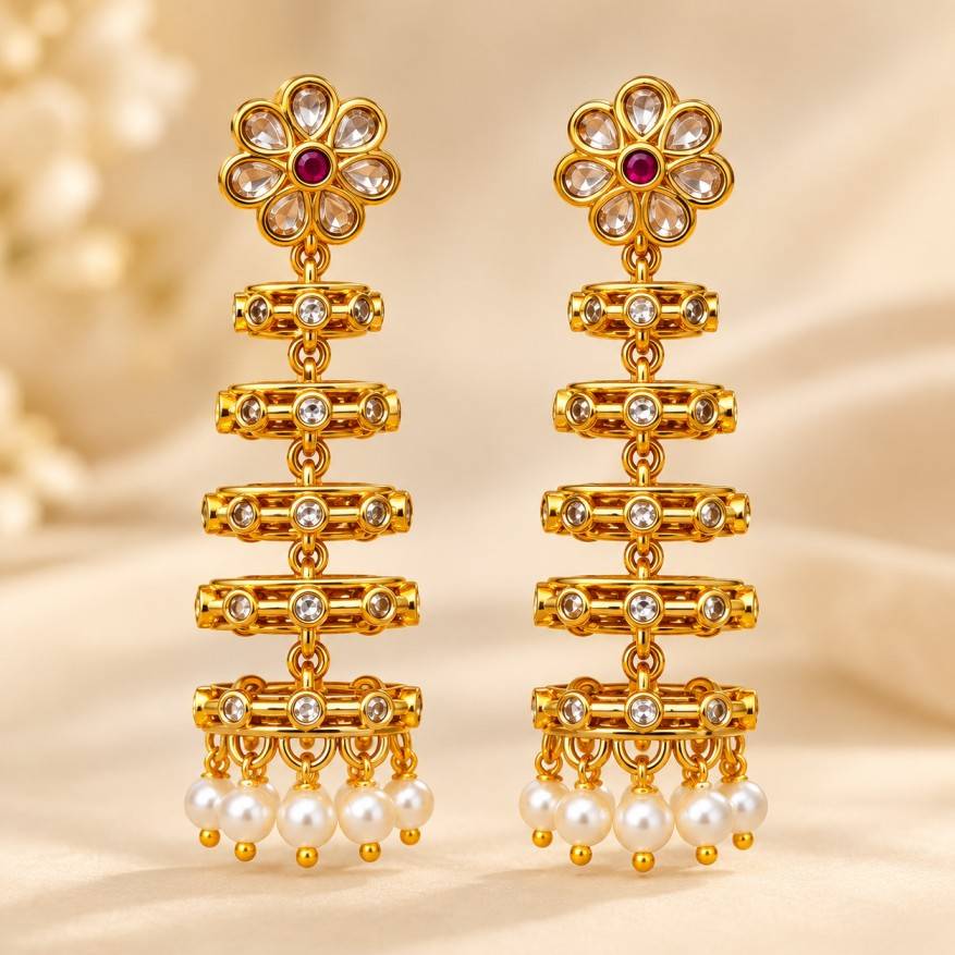 Floral Kundan & Ruby Chandelier CZ Earrings with Pearl Drops